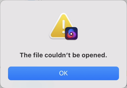 An error message stating 'The file couldn't be opened'.