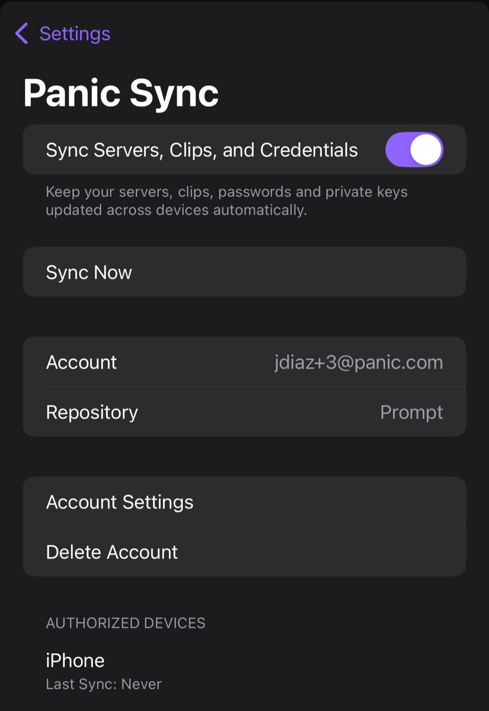 Prompt iOS版のPanic Sync設定画面