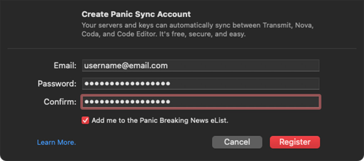 Create a Panic Sync Account