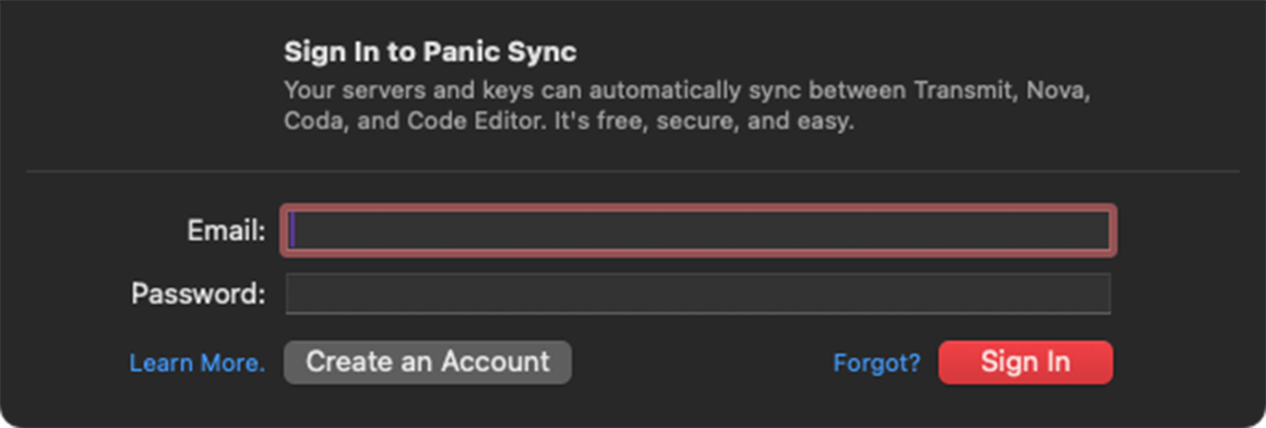 Panic Sync Settings Login Window