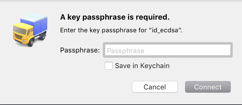 SSH Key passphrase alert prompt.