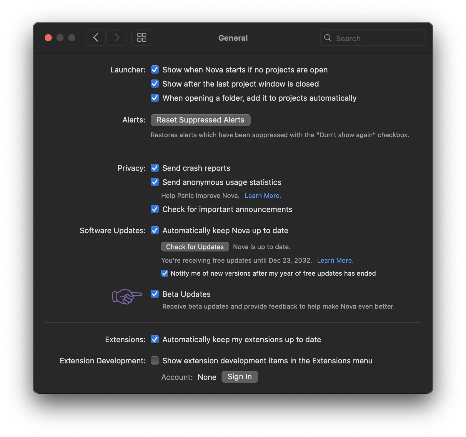 The Beta Builds section of Nova's Settings