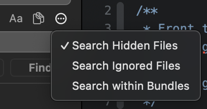 The dropdown menu for searching hidden or ignored files.