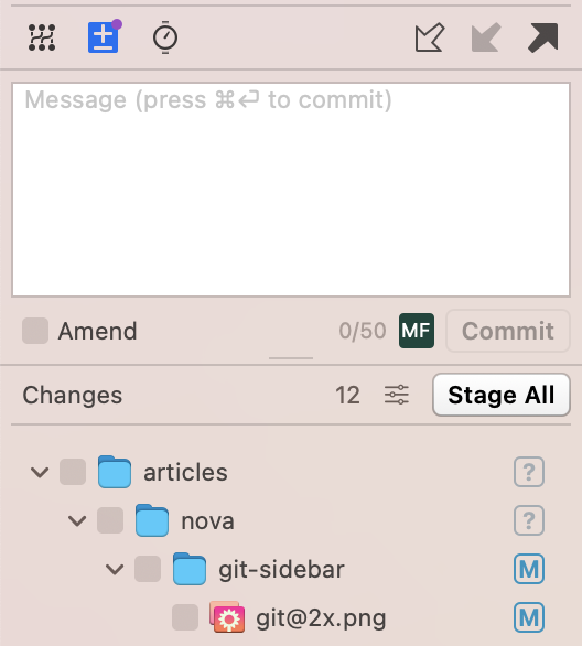 The Changes view in the Git Sidebar, showing uncommitted changes to files in the project.