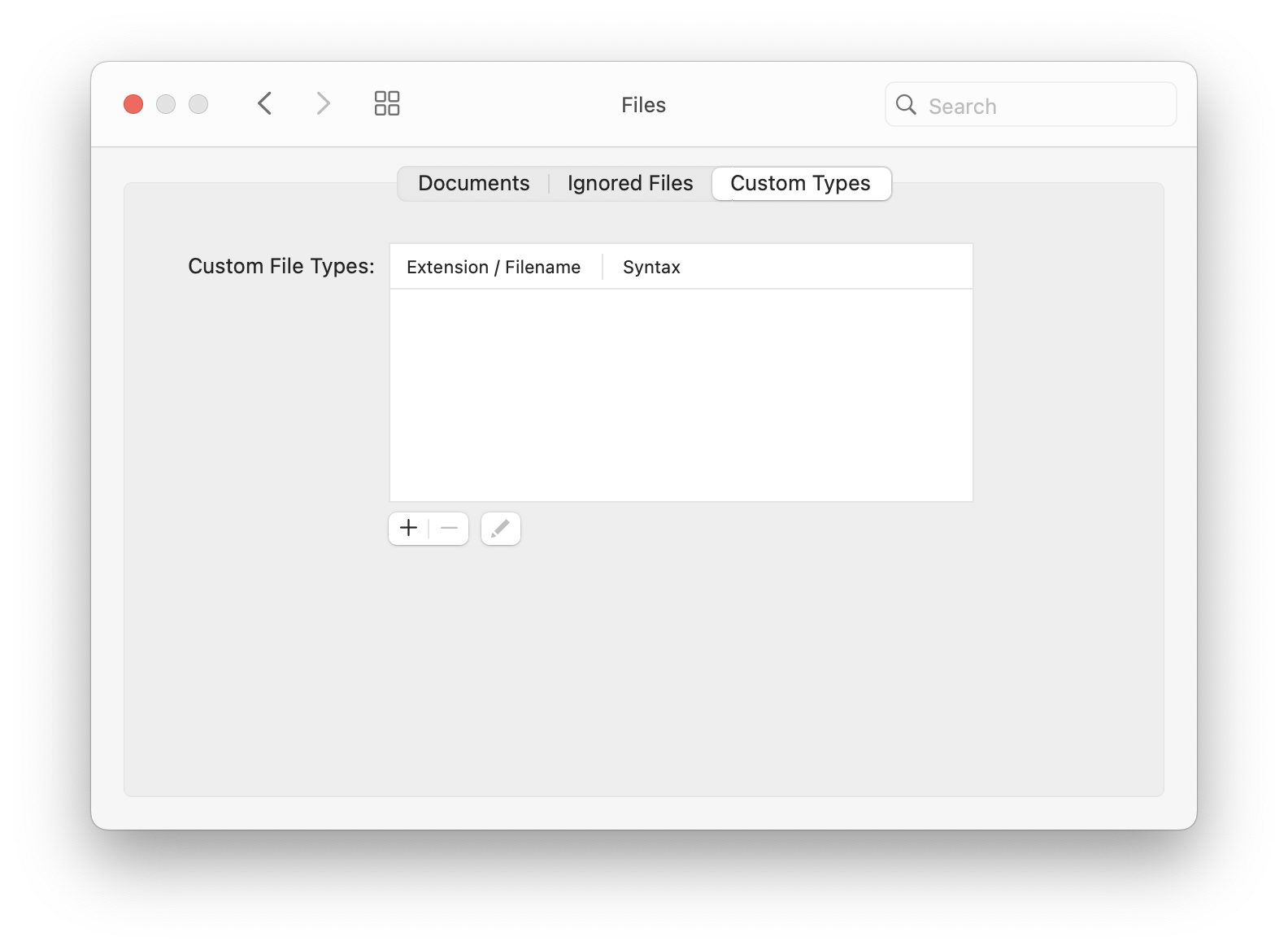 Files > Custom Types Tab