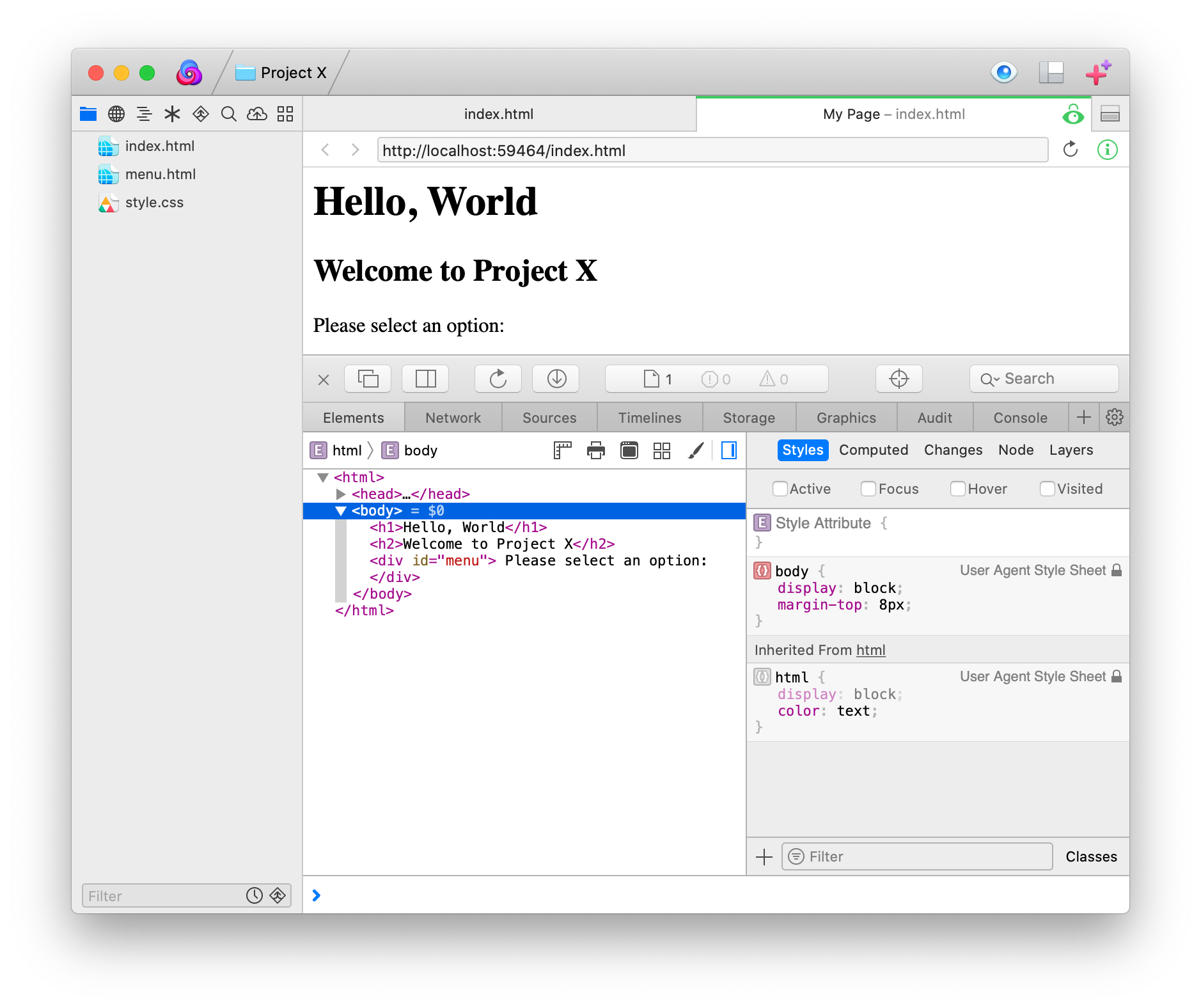 Nova's Preview Window with Web Inspector.