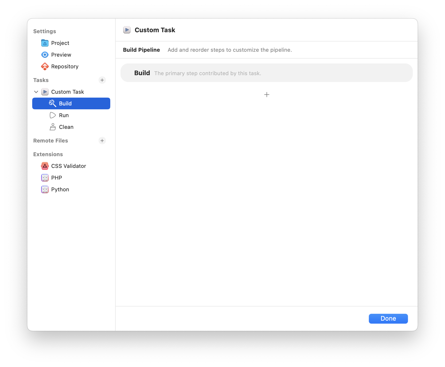 Editing the pipeline for the Build step of a custom Task.