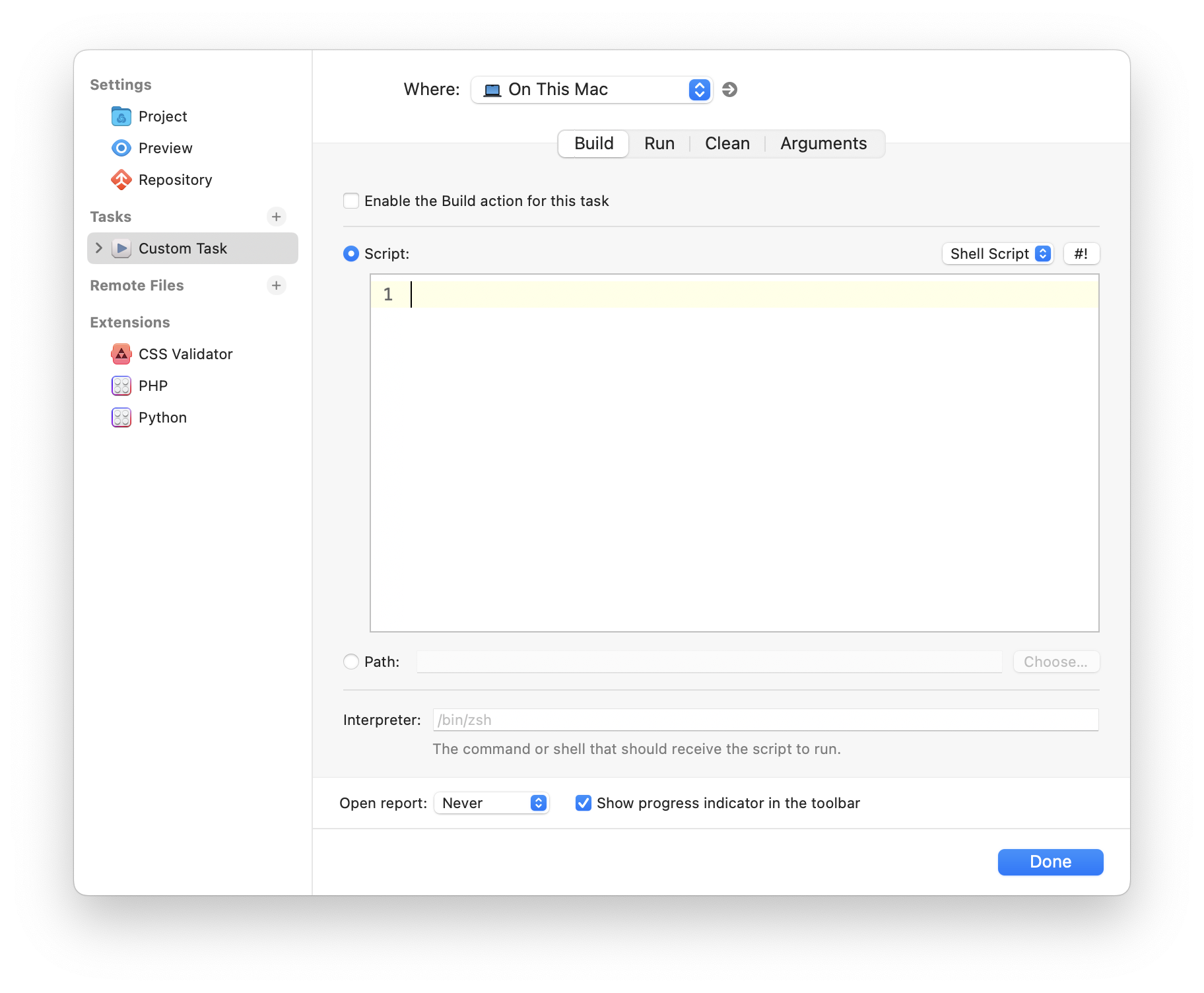 The user interface for configuring Tasks.