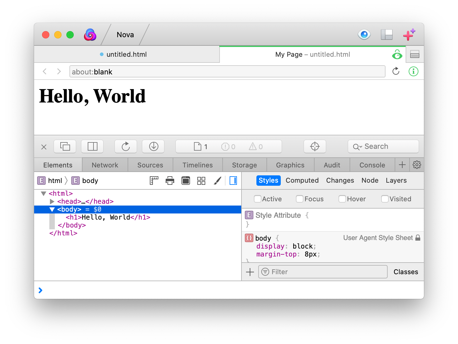 Nova's Preview Window with Web Inspector.