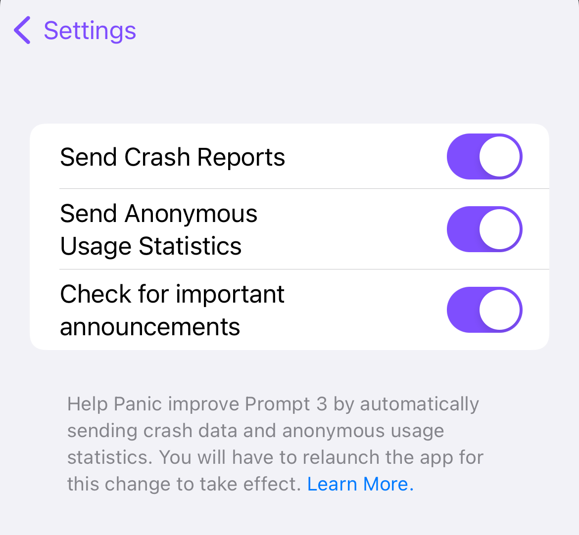 crash reporting settings on iOS