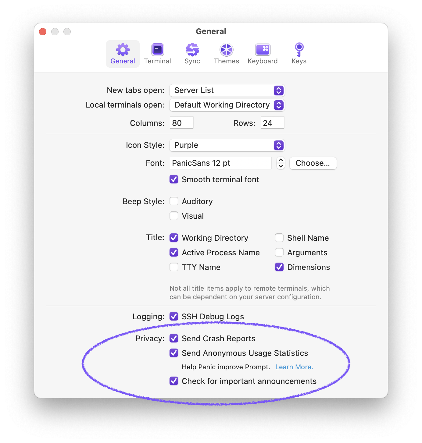 crash reporting settings on macOS