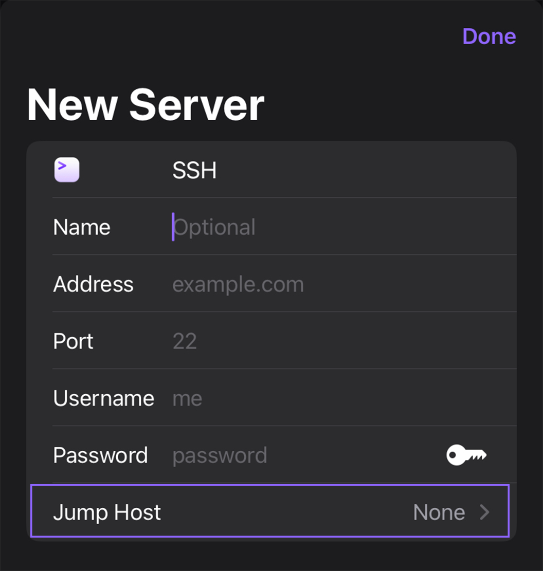 Selecting a Jump Host in Prompt for iOS.