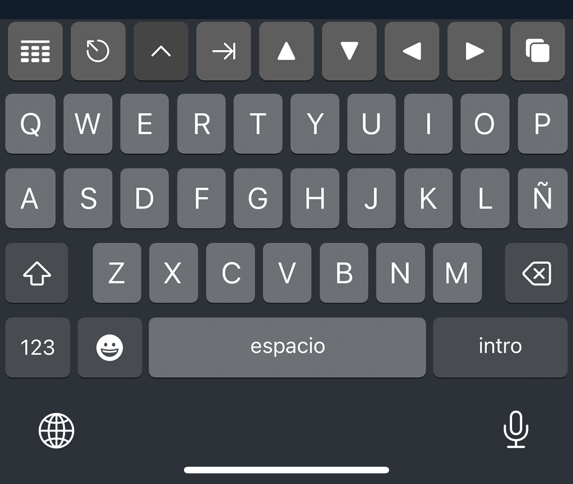The virtual keyboard and extra keyboard row in Prompt for iOS.