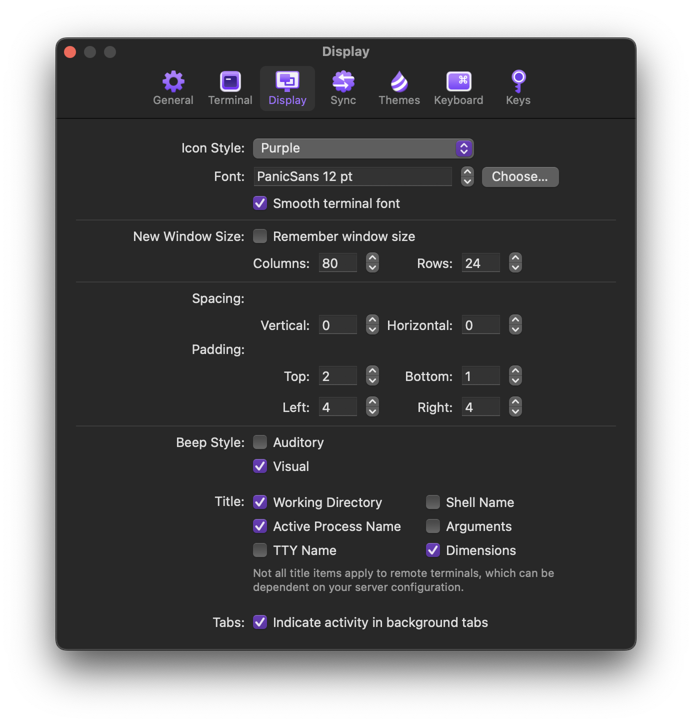 The Display pane of Prompt's settings window.