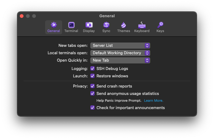 The General pane of Prompt's settings window.