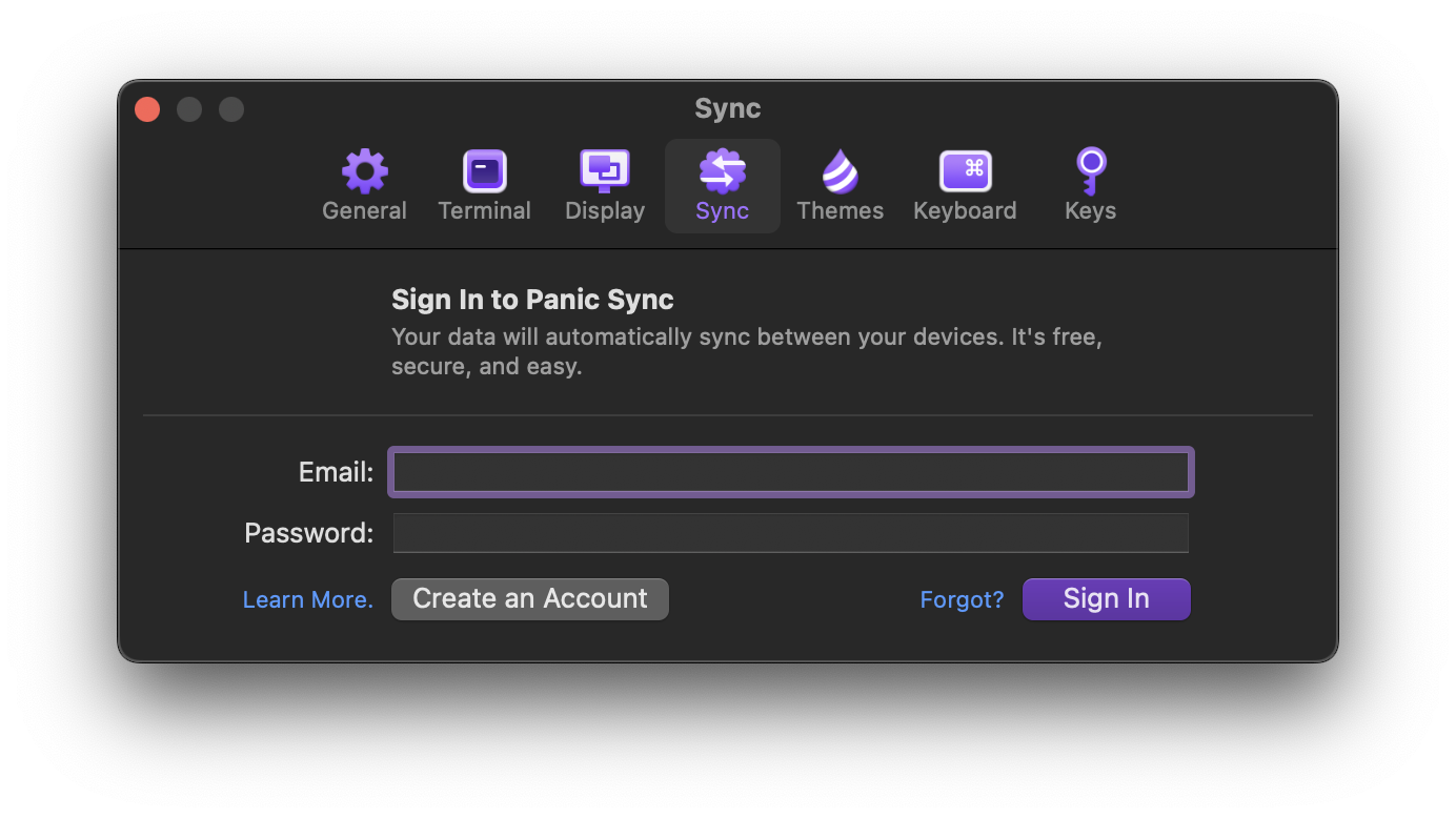 The Sync pane of Prompt's settings window.