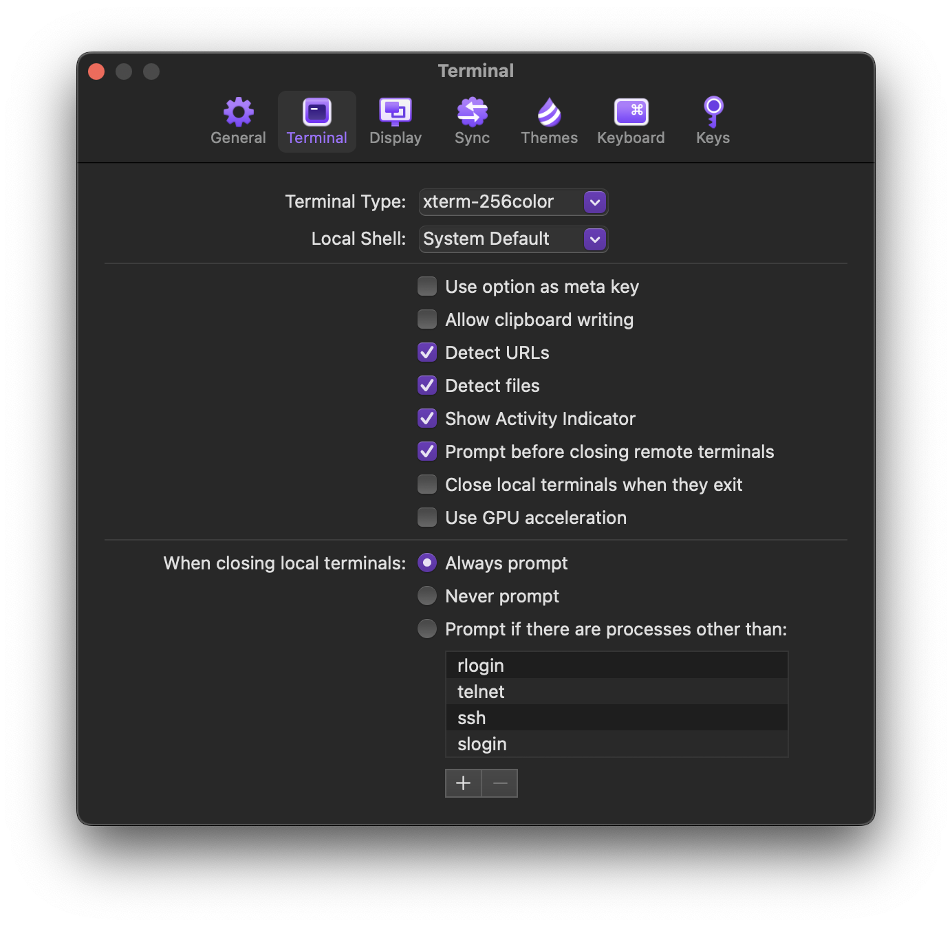 The Terminal pane of Prompt's settings window.