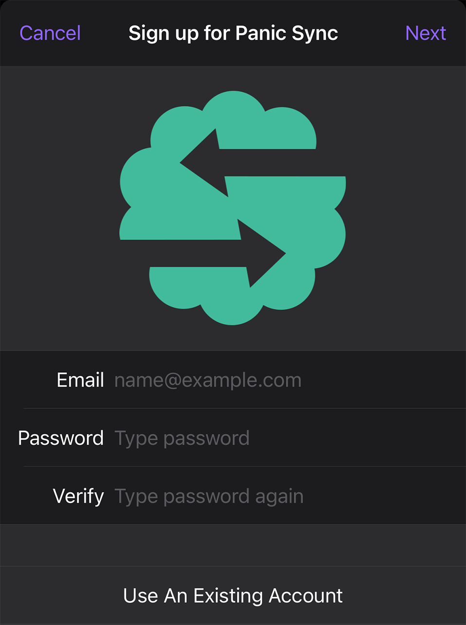 Panic Sync account creation form on iOS.