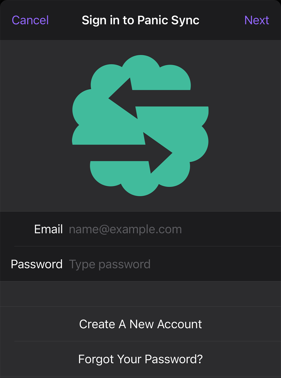 Panic Sync log in form on iOS.