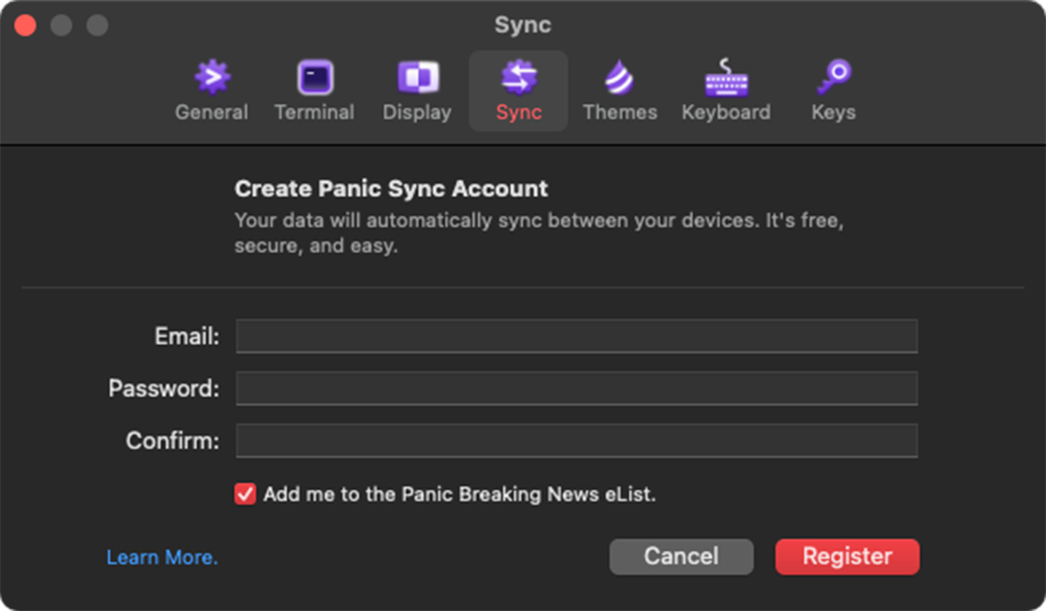 Panic Sync account creation form on macOS.
