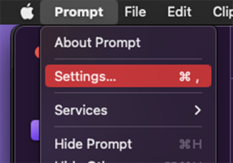 Accessing Settings from the Prompt menu.