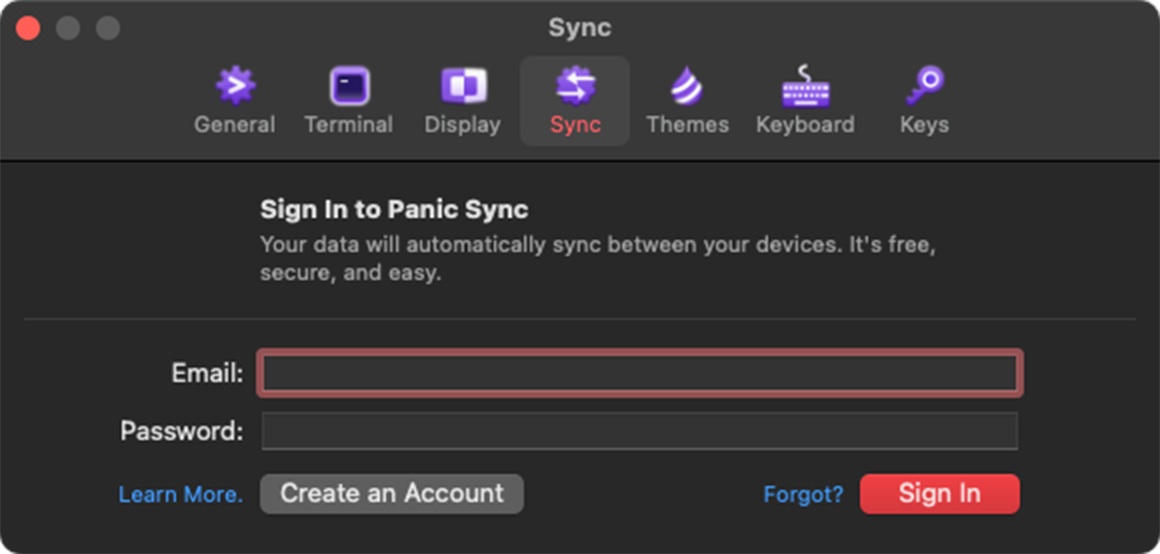 Panic Sync sign in form on macOS.