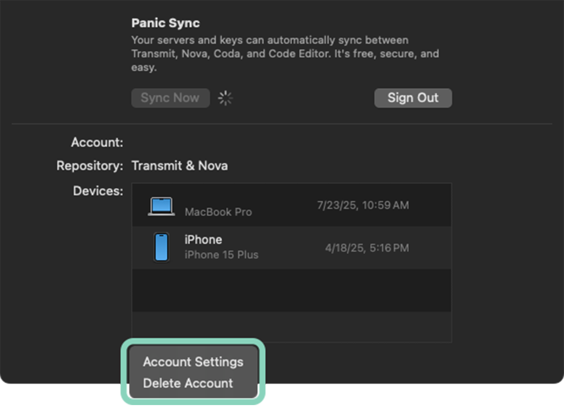 Manage Sync Account in Sync Settings