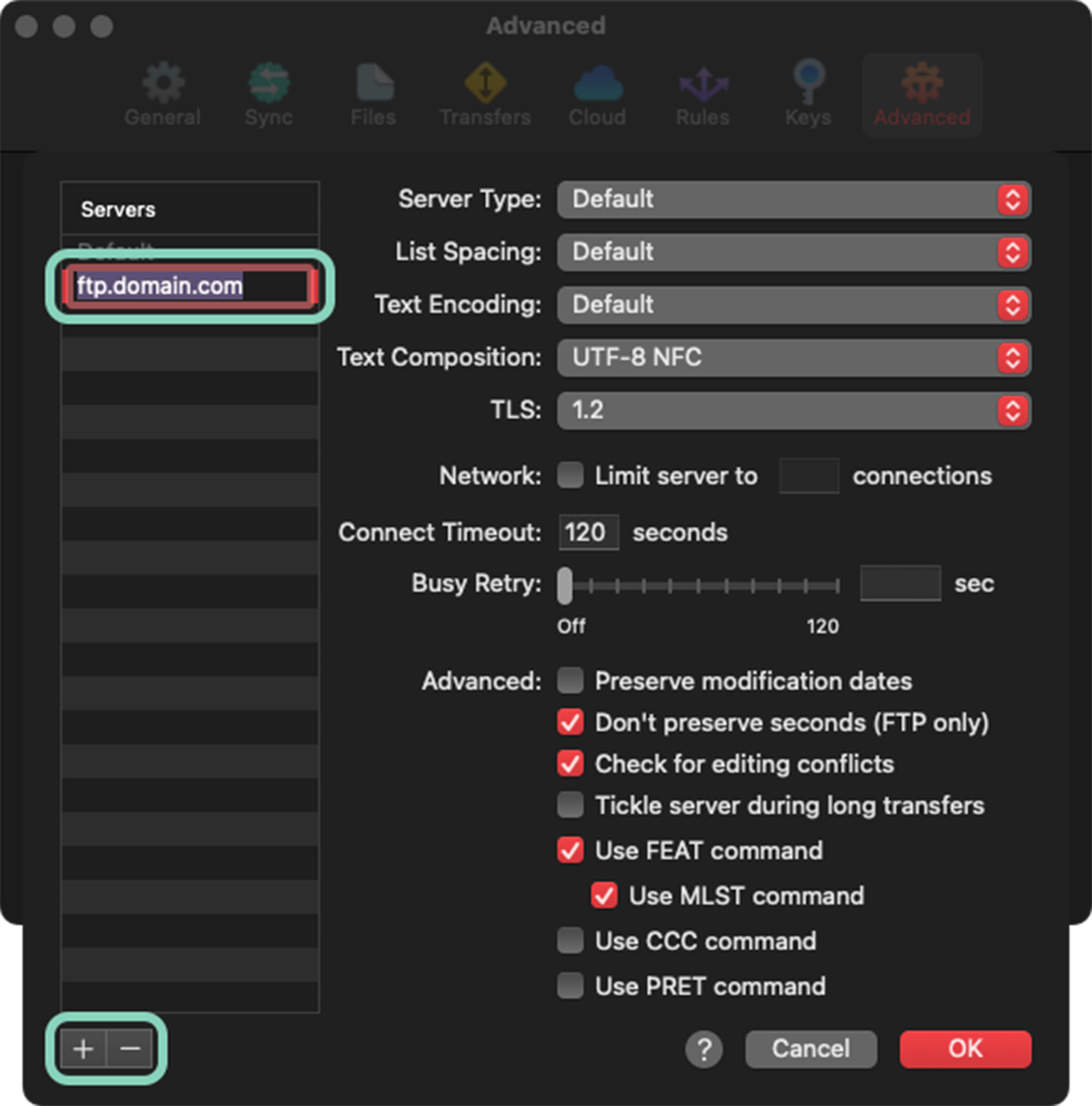 Adding a new server for Advanced Server Settings