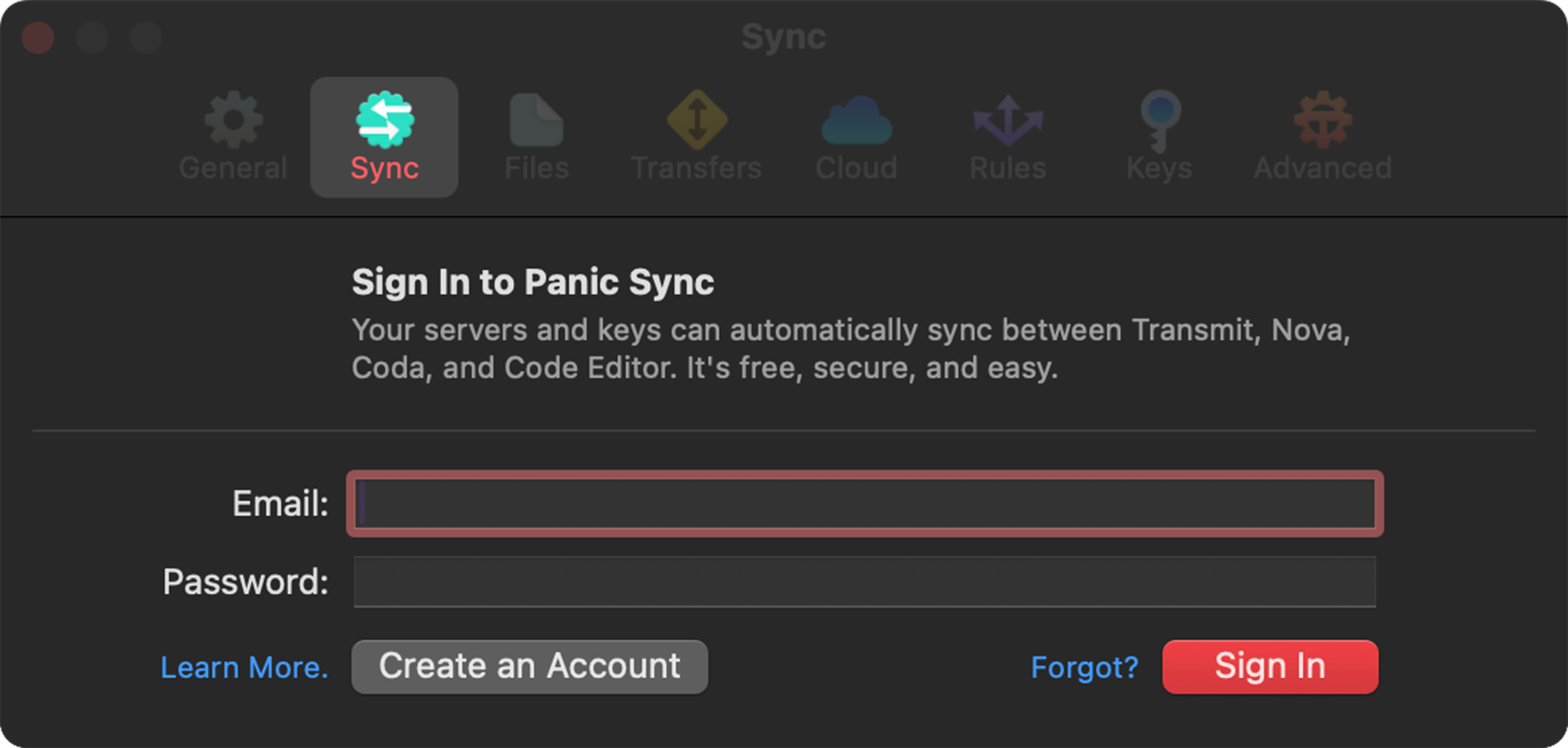 Panic Sync Settings