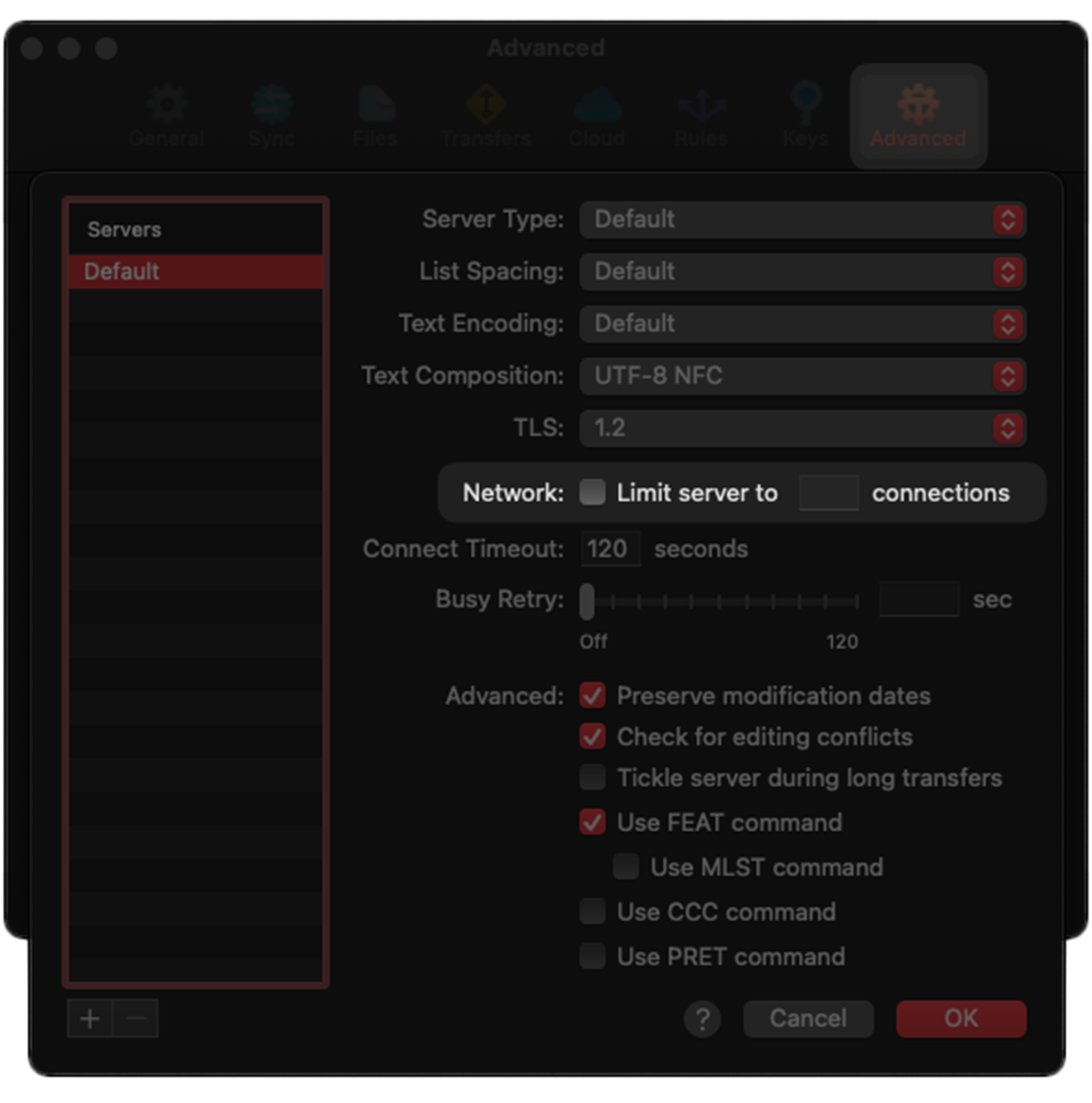 Transmits Advanced Server Settings window