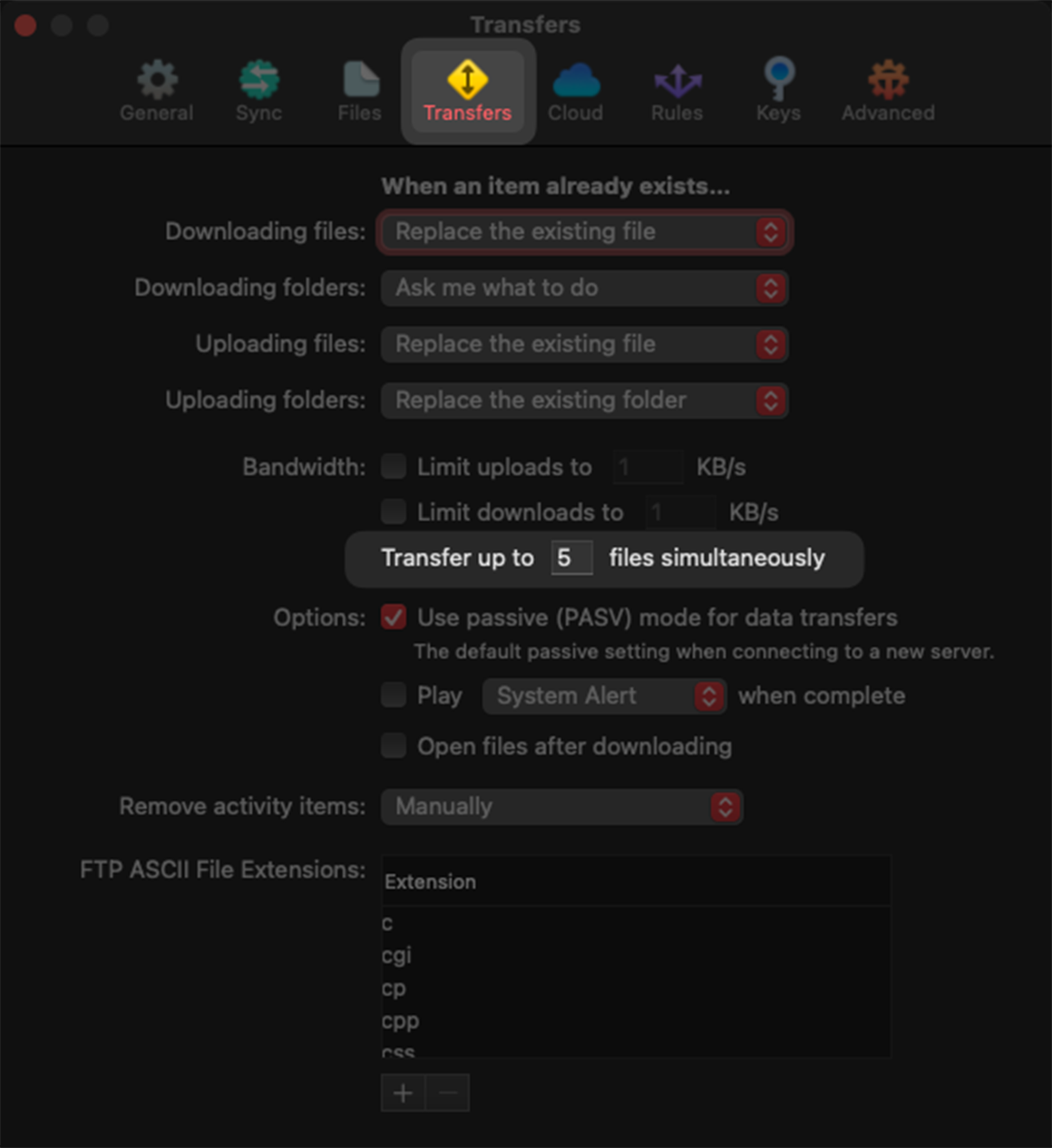 Transmits Transfer Settings window